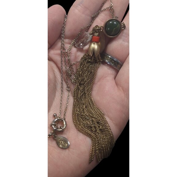 Ann Taylor Loft Floral Green And Gold Tone Tassel Necklace - Picture 6 of 7